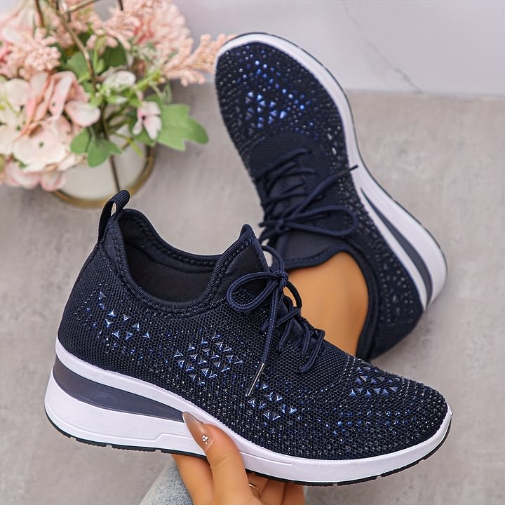 Fall Rhinestone Wedge Orthopedic Style Sneakers for Women in Navy
