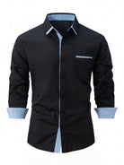 Fall Slim Fit Cotton Blend Contrast Trim Dress Shirt for Men in Black