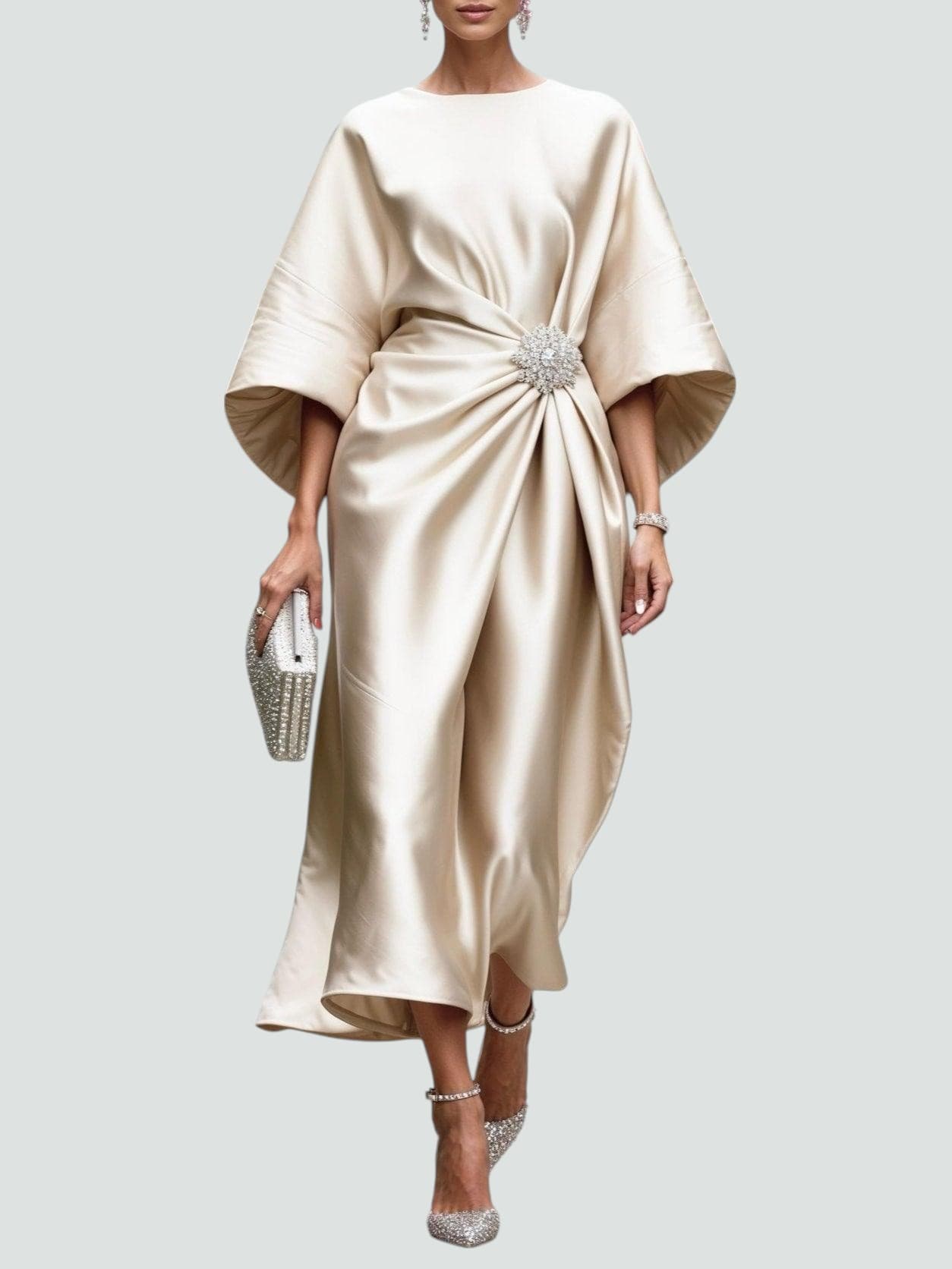 Fall Draped Waist Kimono Sleeve Long Evening Dress for Women in Champagne