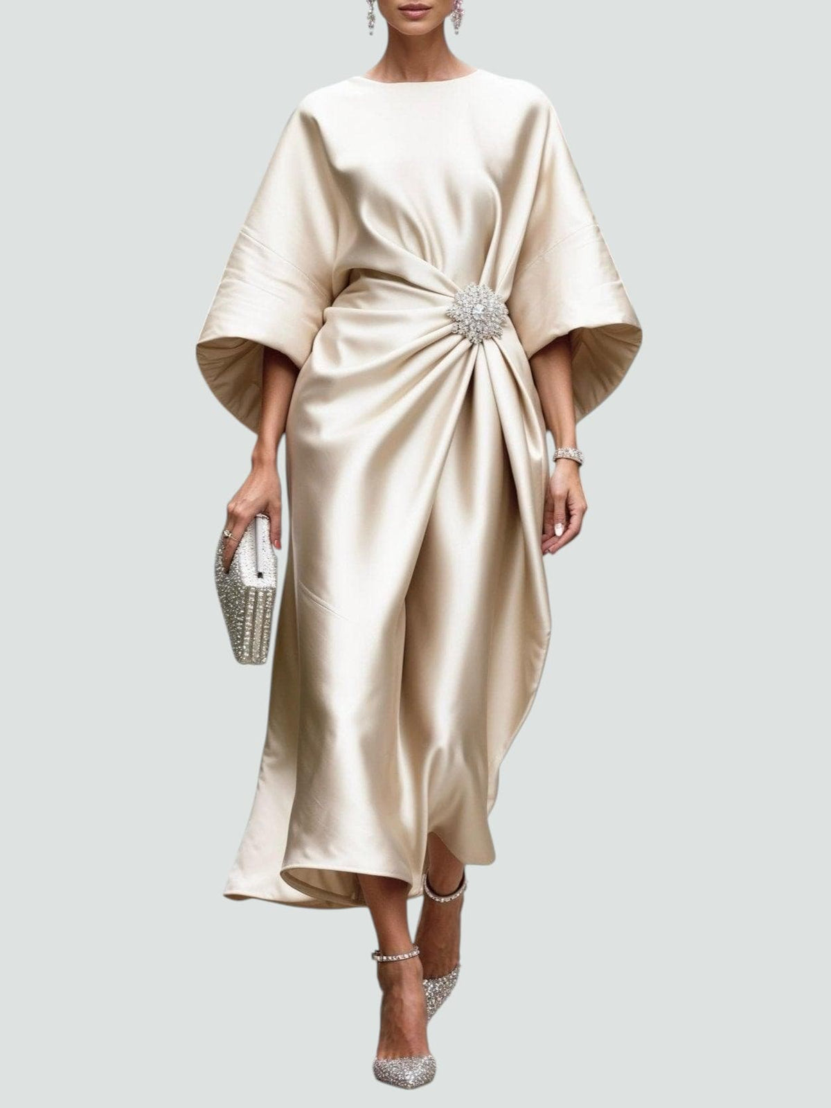 Fall Draped Waist Kimono Sleeve Long Evening Dress for Women in Champagne