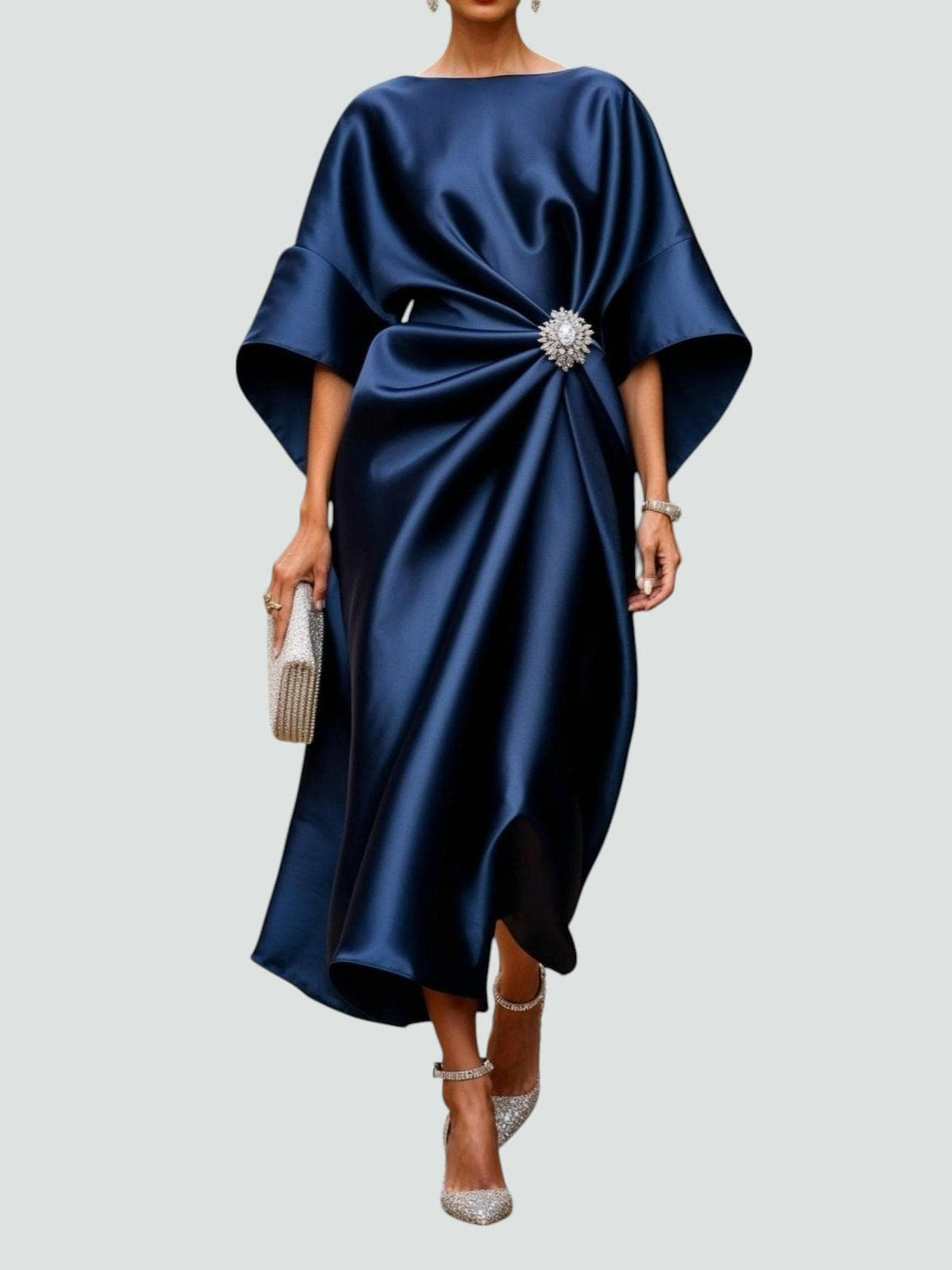 Fall Draped Waist Kimono Sleeve Long Evening Dress for Women in Navy