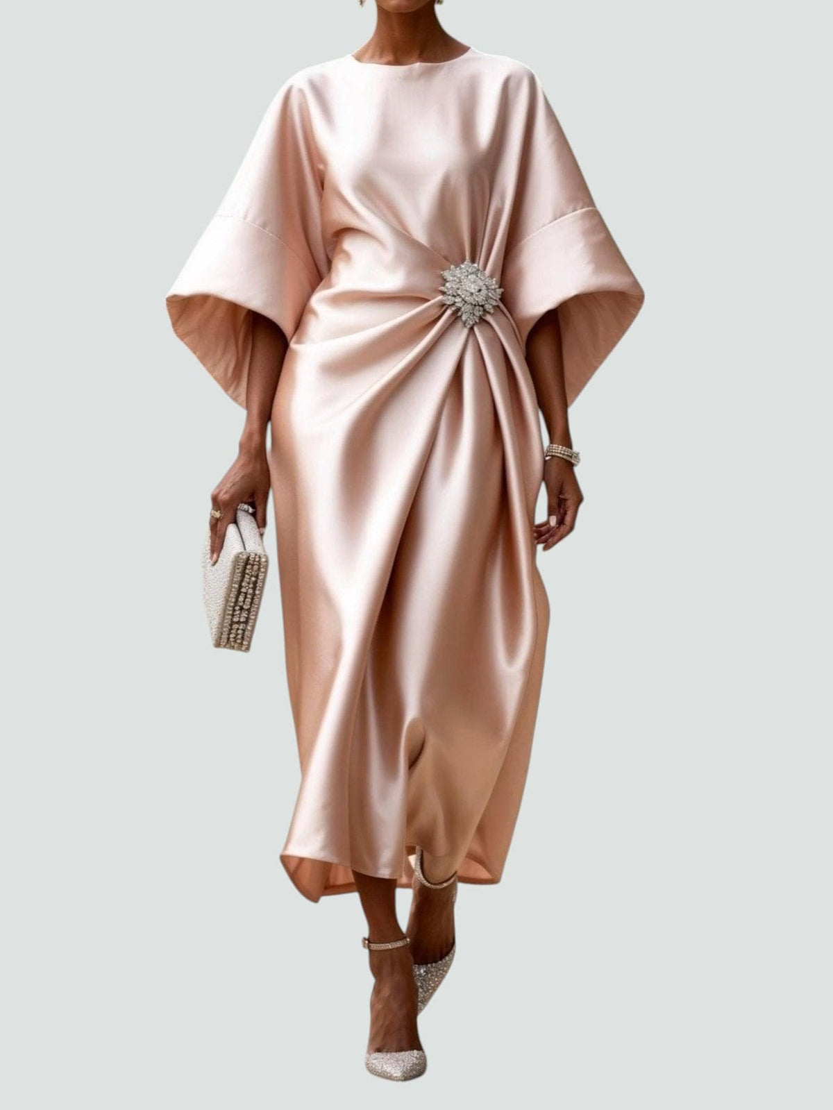 Fall Draped Waist Kimono Sleeve Long Evening Dress for Women in Blush Beige