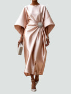 Fall Draped Waist Kimono Sleeve Long Evening Dress for Women in Blush Beige
