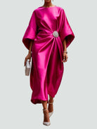 Fall Draped Waist Kimono Sleeve Long Evening Dress for Women in Hot Pink
