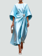 Fall Draped Waist Kimono Sleeve Long Evening Dress for Women in Sky Blue