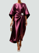Fall Draped Waist Kimono Sleeve Long Evening Dress for Women in Wine Red