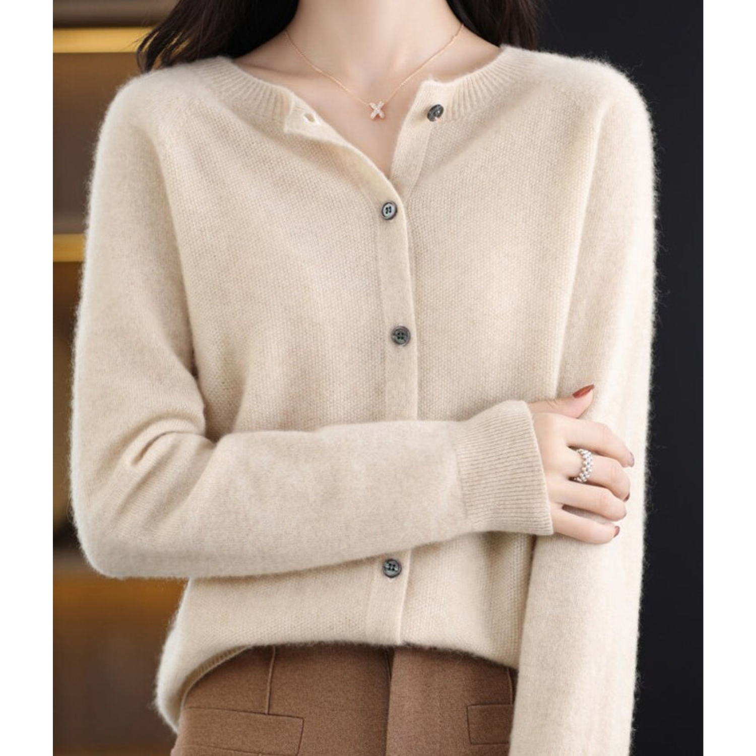 Open front cashmere knit cardigan in khaki