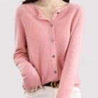 Fall Soft Brushed Fine Knit Crewneck Button Cardigan for Women in Light Pink