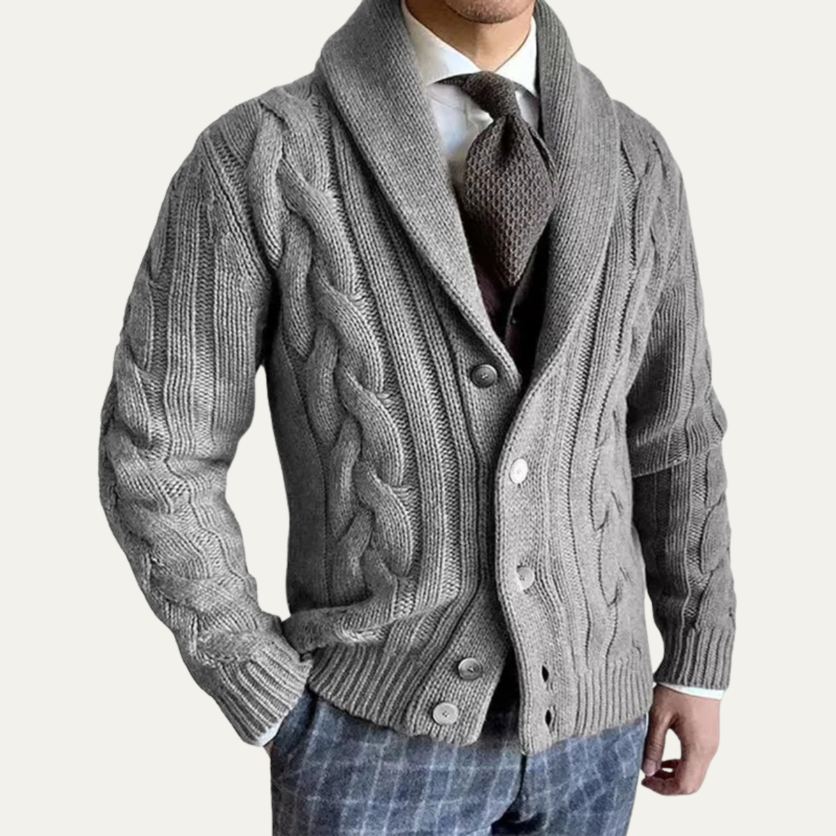 Winter Chunky Cable Knit Shawl Collar Cardigan for Men in Gray
