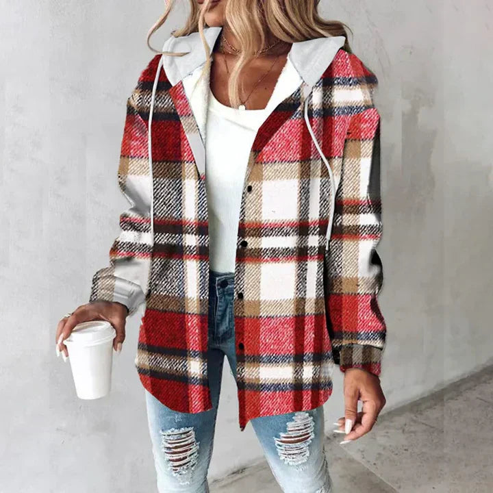 Fall Brushed Plaid Hooded Button Front Shirt Jacket for Women in Red