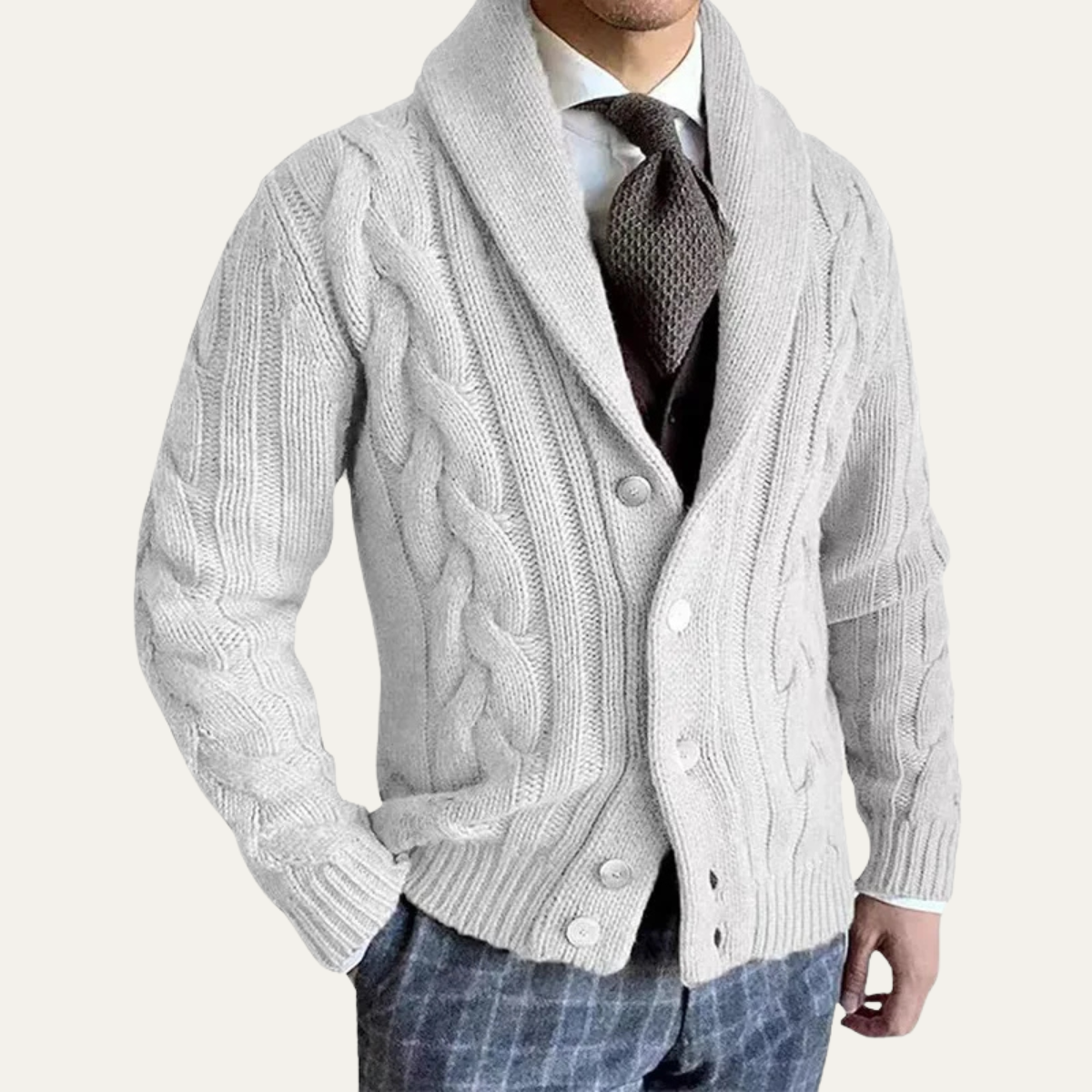 Winter Chunky Cable Knit Shawl Collar Cardigan for Men in White