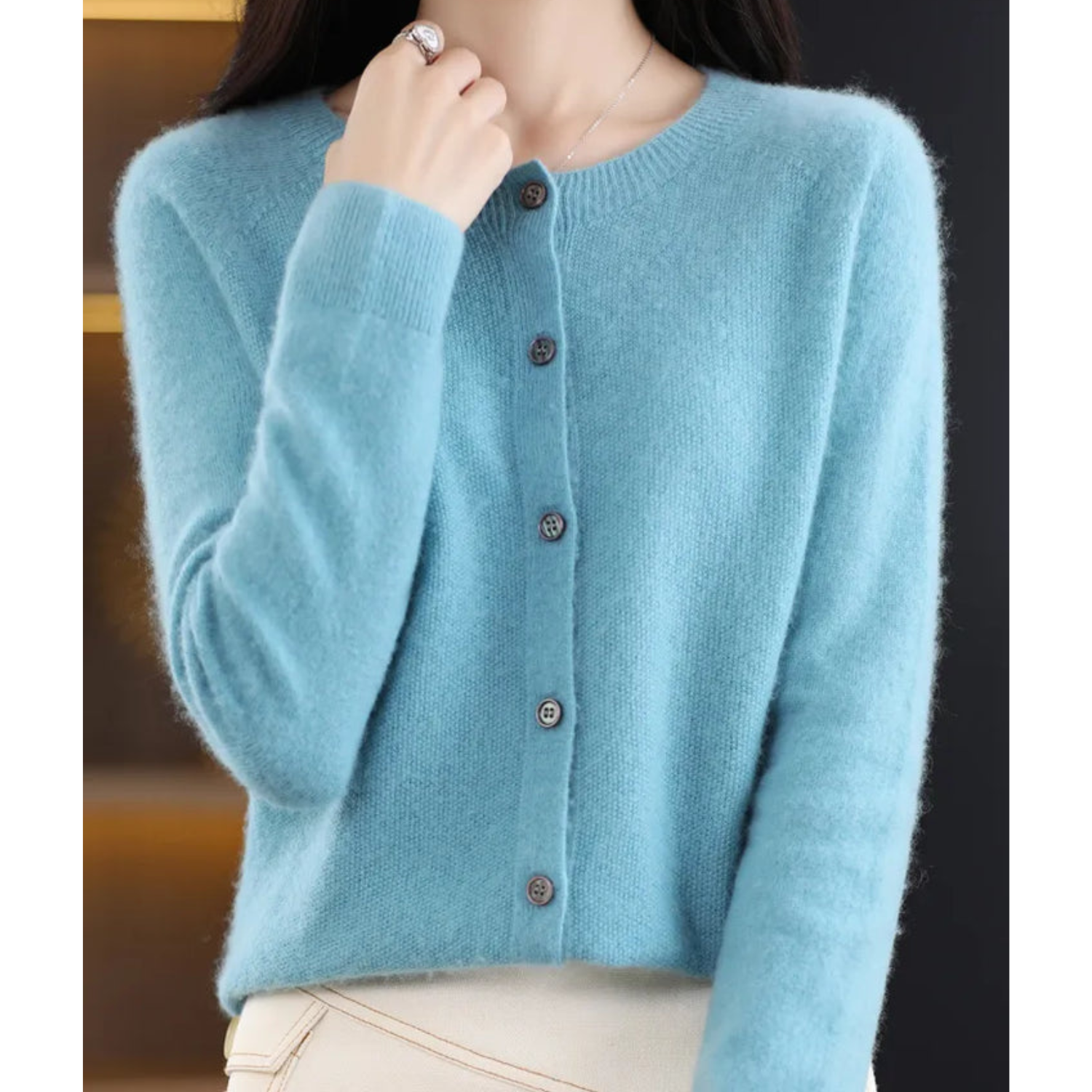 Open front cashmere knit cardigan in light turquoise