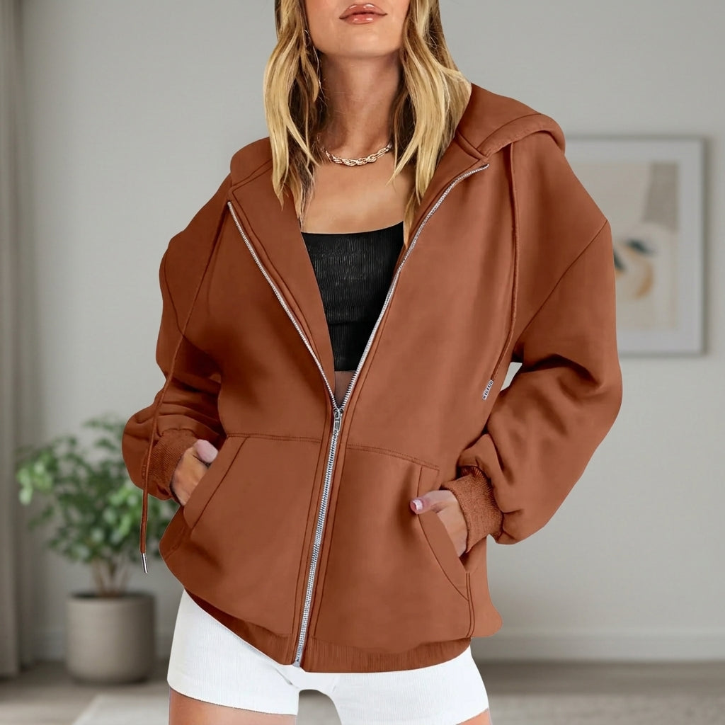 Fall Cotton Fleece Oversized Zip Up Hoodie for Women in Brown