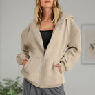 Fall Cotton Fleece Oversized Zip Up Hoodie for Women in Beige