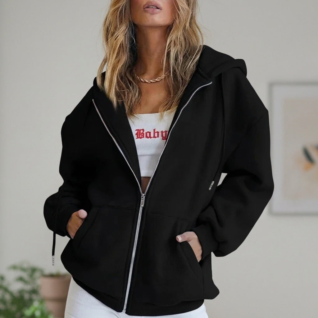 Fall Cotton Fleece Oversized Zip Up Hoodie for Women in Black