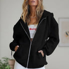 Fall Cotton Fleece Oversized Zip Up Hoodie for Women in Black