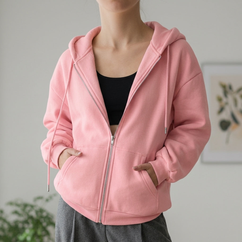 Fall Cotton Fleece Oversized Zip Up Hoodie for Women in Pink