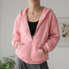 Fall Cotton Fleece Oversized Zip Up Hoodie for Women in Pink