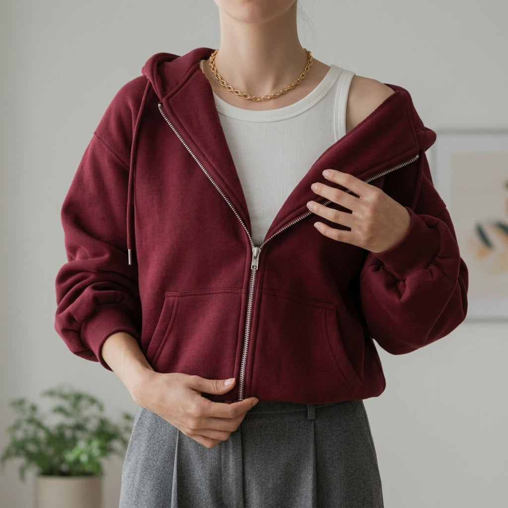 Fall Cotton Fleece Oversized Zip Up Hoodie for Women in Maroon