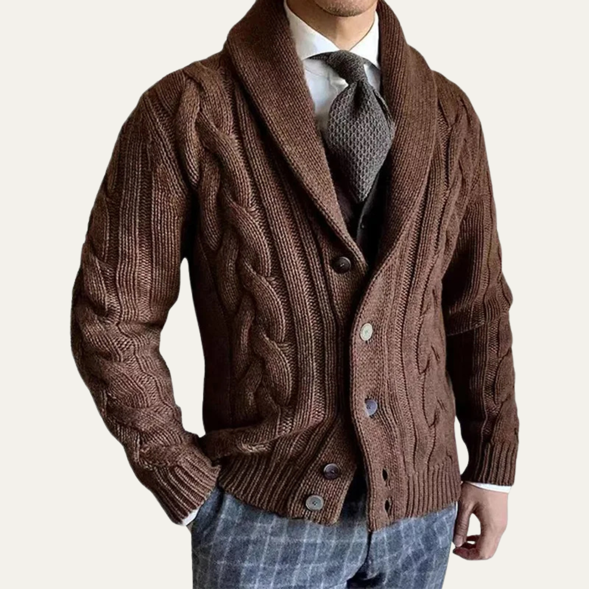 Winter Chunky Cable Knit Shawl Collar Cardigan for Men in Brown
