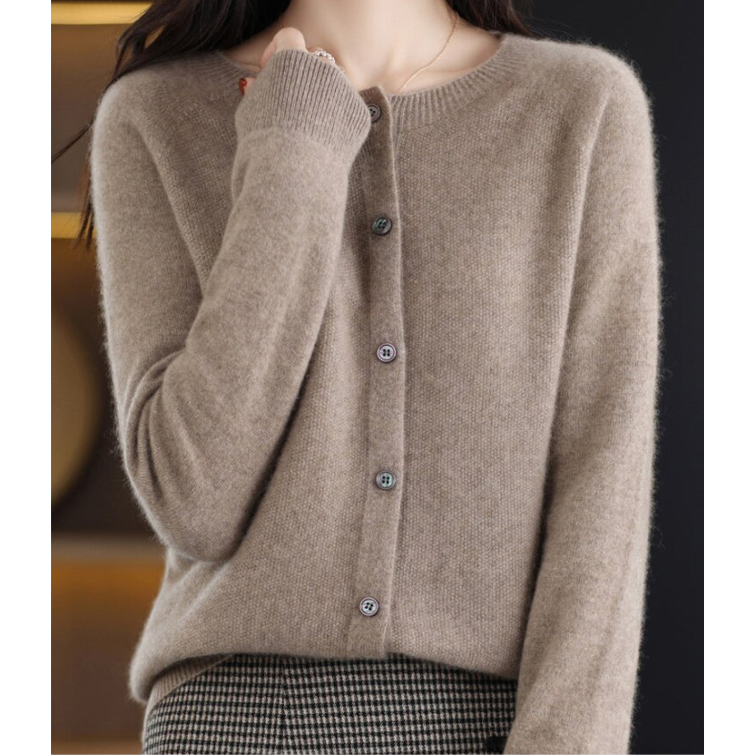 Open front cashmere knit cardigan in brown
