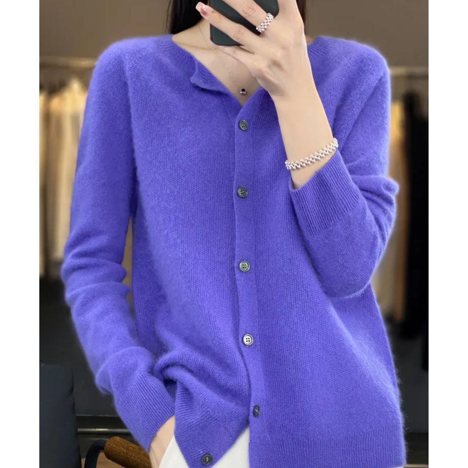 Open front cashmere knit cardigan in dark blue