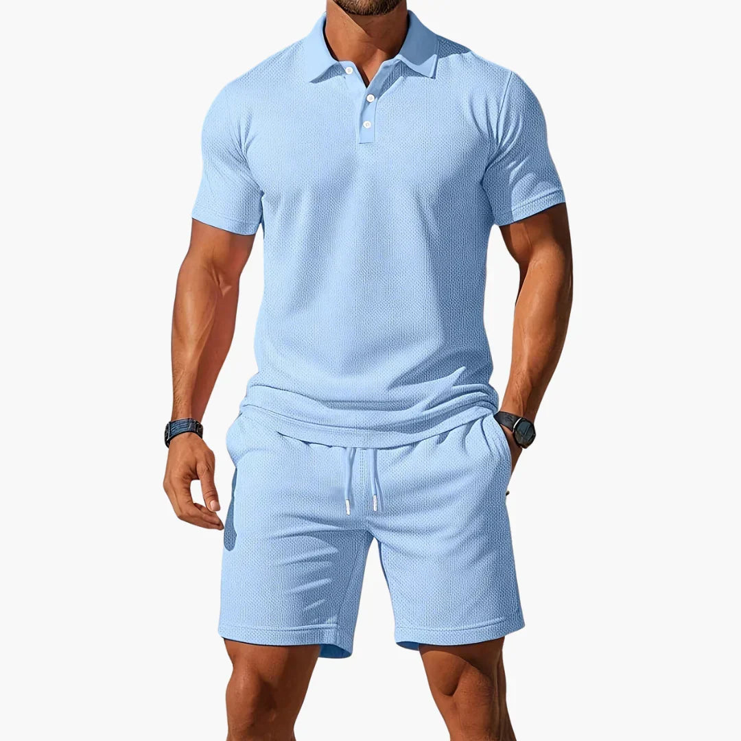 Tailored polo and streamlined shorts set in light blue