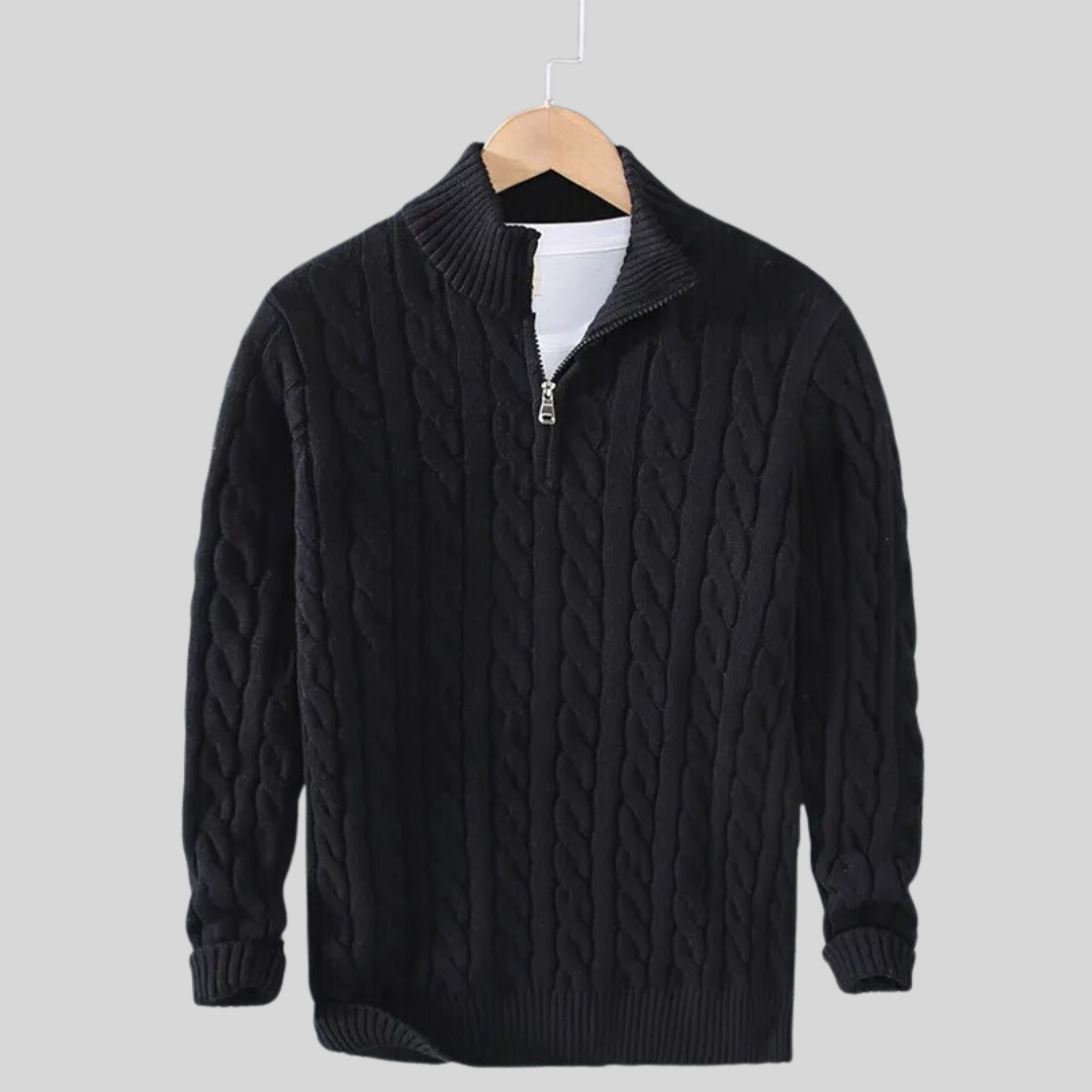 Fall Cable Knit Stand Collar Quarter Zip Sweater for Men in Black