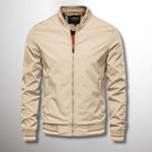 Fall Water Resistant Bomber Jacket with Striped Trim for Men in Beige