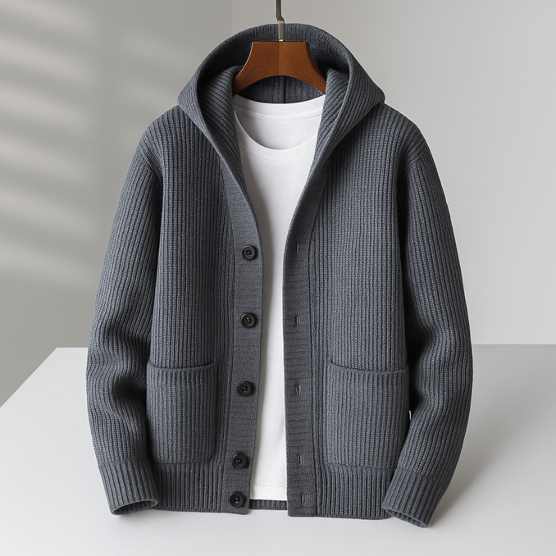 Winter Chunky Ribbed Knit Hooded Cardigan for Men in Gray