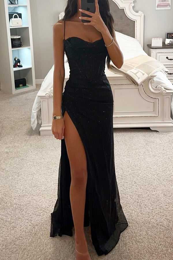 Glitter Corset High Slit Maxi Evening Dress for Women in Black