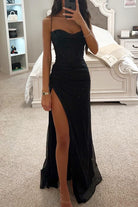 Glitter Corset High Slit Maxi Evening Dress for Women in Black