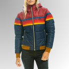 Winter Retro Striped Quilted Hooded Puffer Jacket for Women in Marine Blue