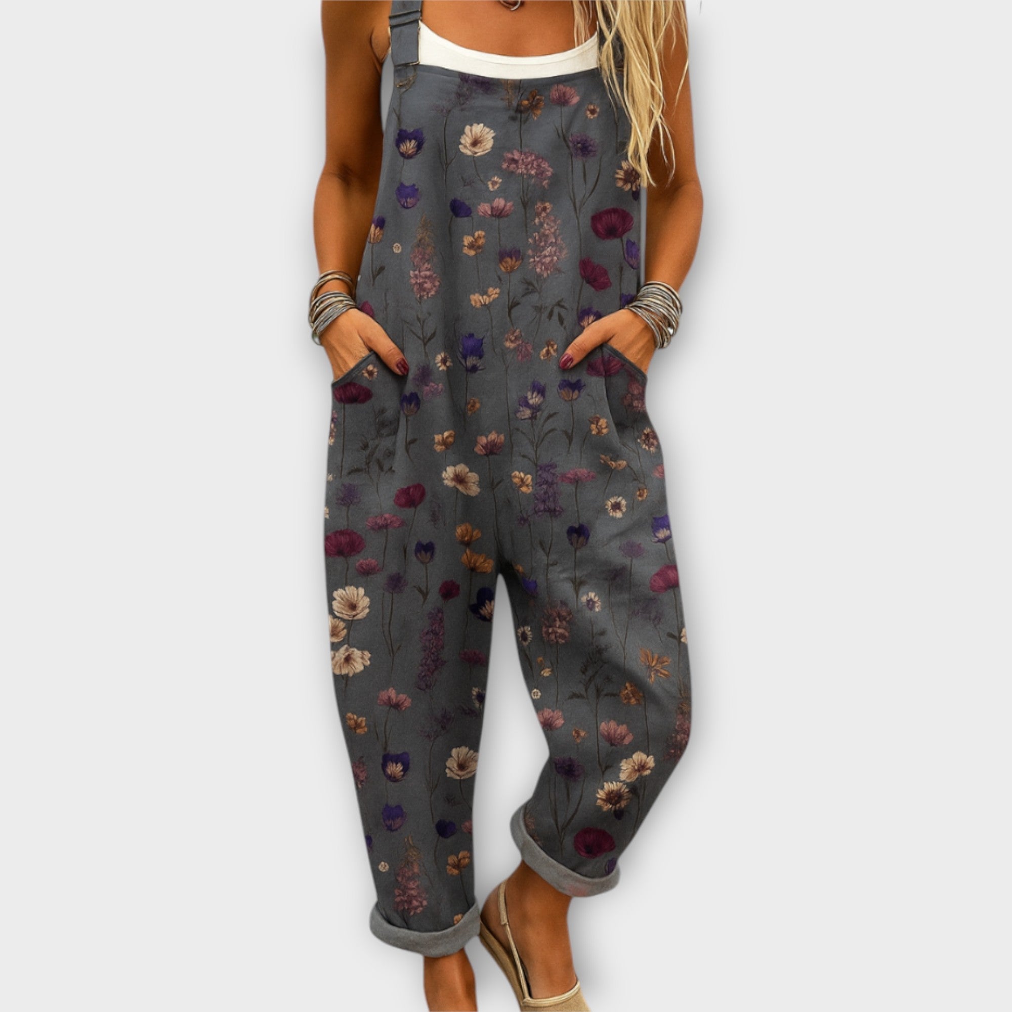 Retro floral print relaxed jumpsuit in black