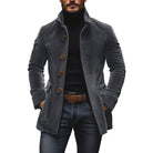 Fall Corduroy Stand Collar Button Front Short Coat for Men in Gray