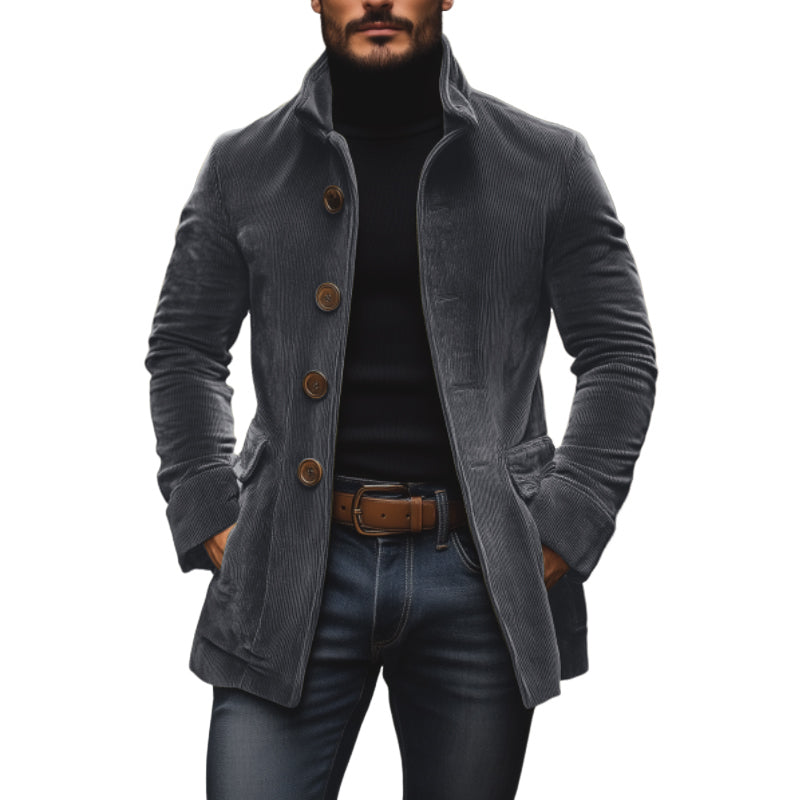 Fall Corduroy Stand Collar Button Front Short Coat for Men in Gray