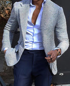 Fall Slim Fit Plaid Two Button Suit Blazer for Men in White Blue Texture