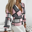 Ruched waist deep V-neck long sleeve blouse in geometric pink & gray