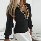 Ruched waist deep V-neck long sleeve blouse in black with patterned color