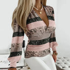Ruched waist deep V-neck long sleeve blouse in pink & black stripes