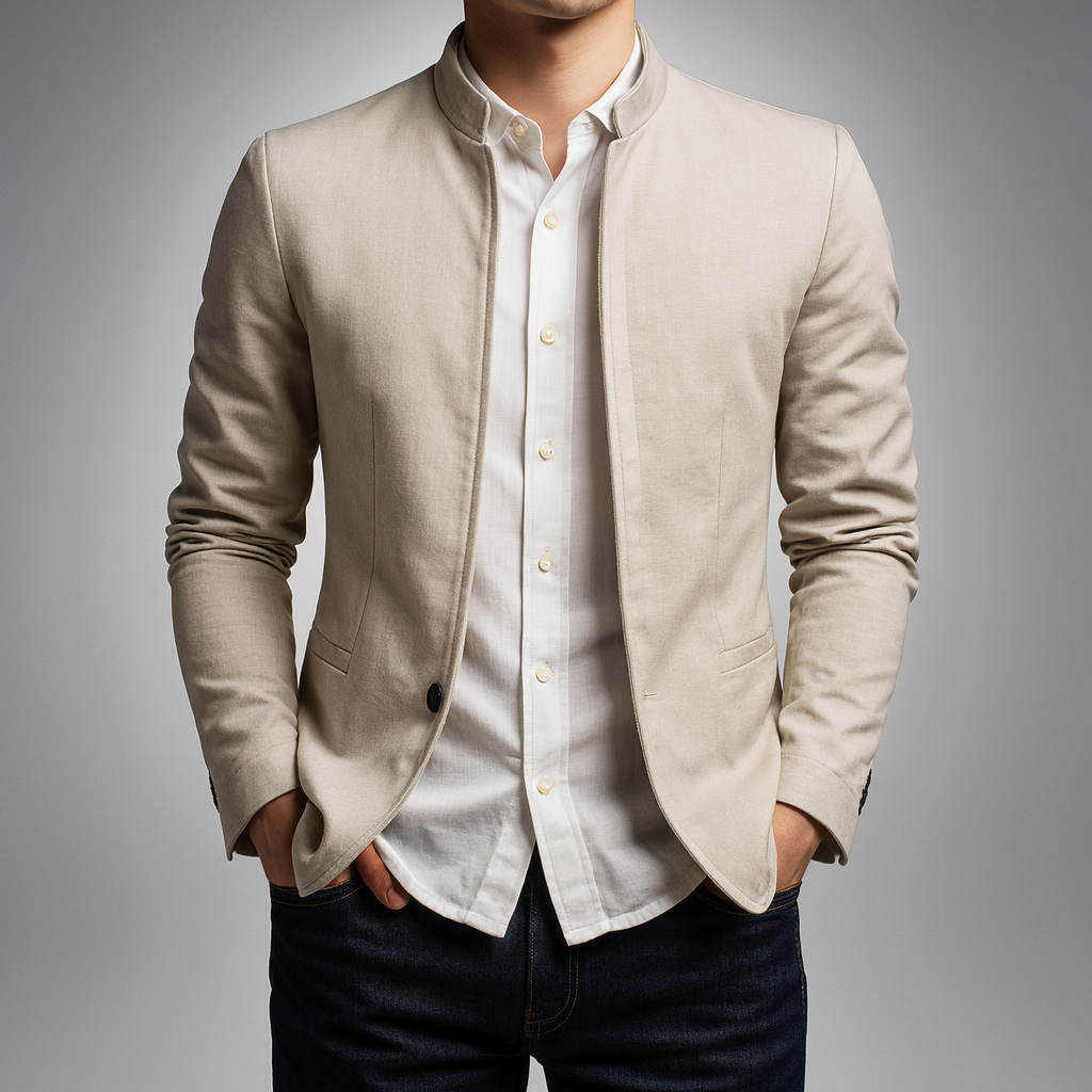 Mandarin collar zip front transition jacket in white
