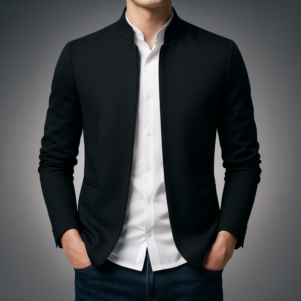Mandarin collar zip front transition jacket in black