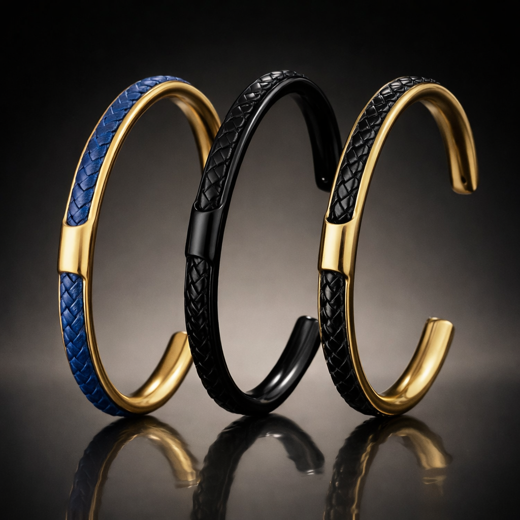 Braided leather and stainless steel cuff bracelet, view 17