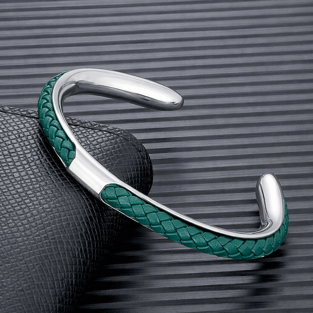 Braided leather and stainless steel cuff bracelet in silver / green