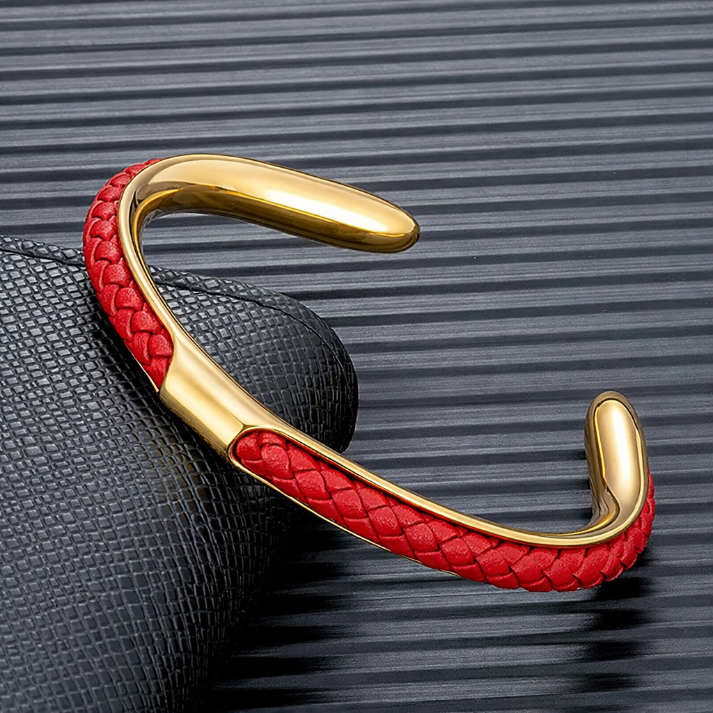 Braided leather and stainless steel cuff bracelet in gold / red