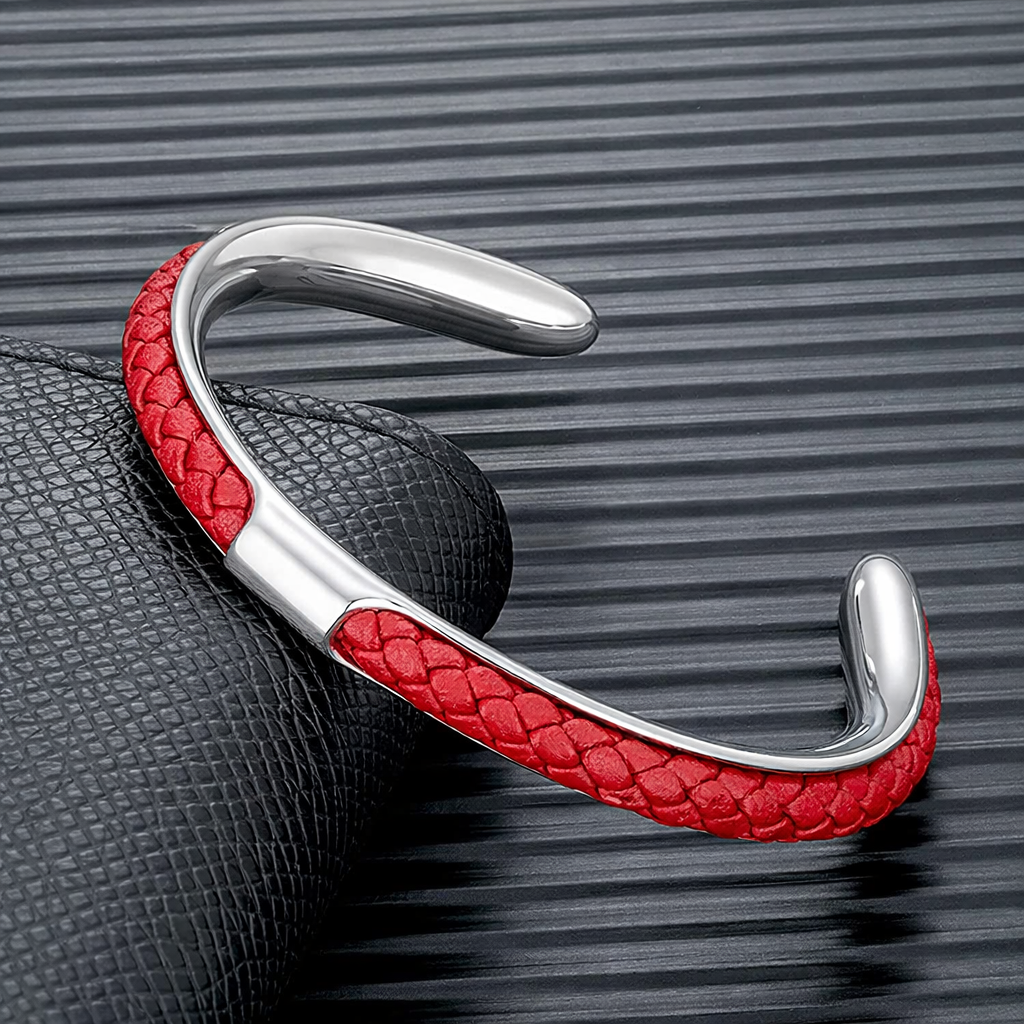 Braided leather and stainless steel cuff bracelet in silver / red