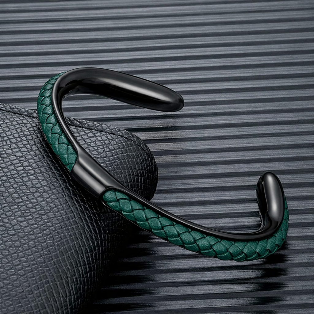 Braided leather and stainless steel cuff bracelet in black / green