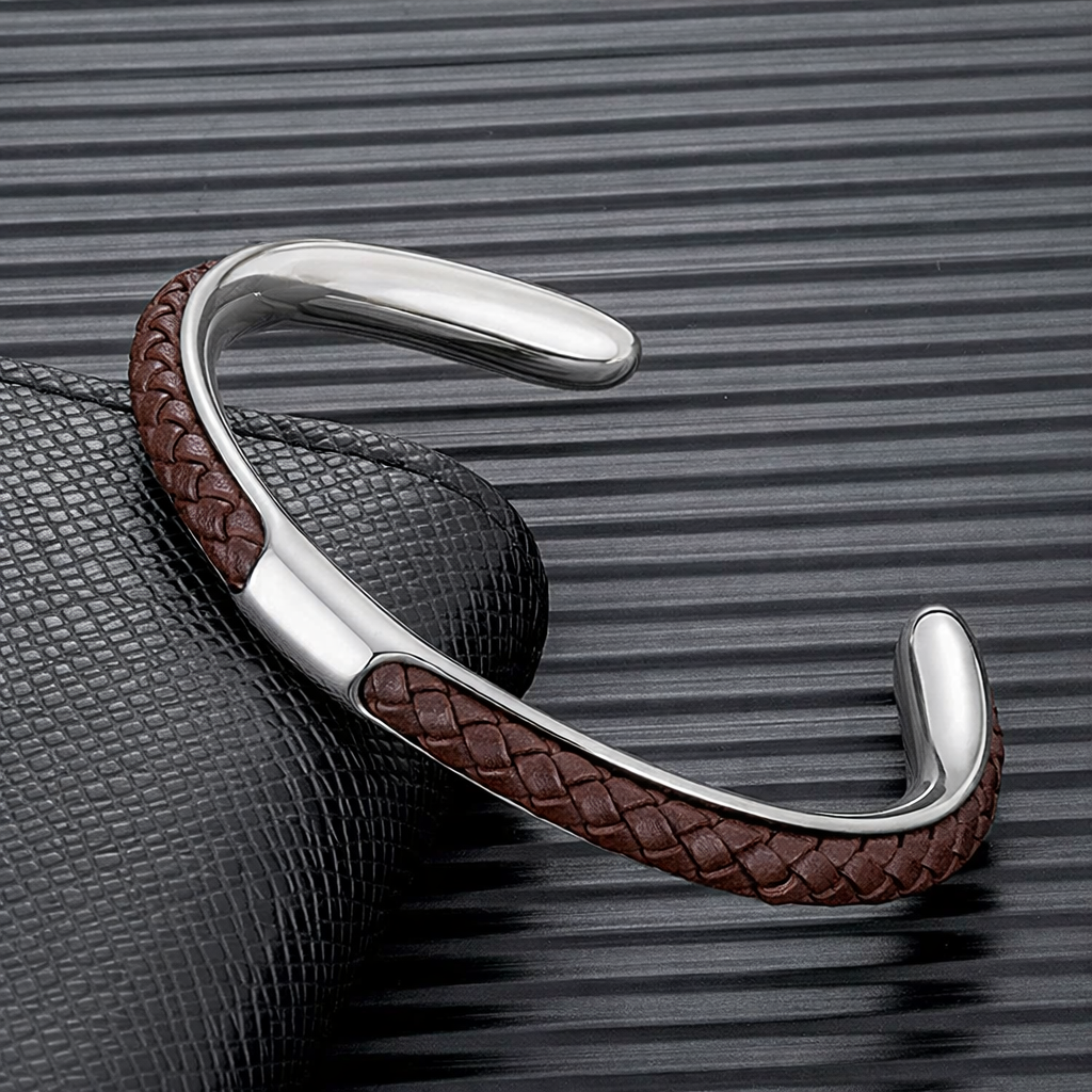 Braided leather and stainless steel cuff bracelet in silver / brown