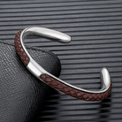 Braided leather and stainless steel cuff bracelet in silver / brown