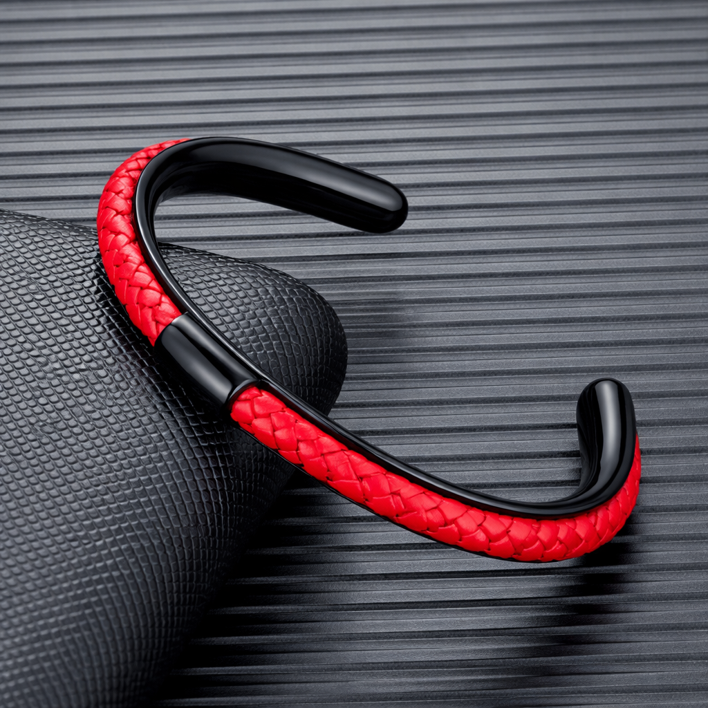 Braided leather and stainless steel cuff bracelet in black / red